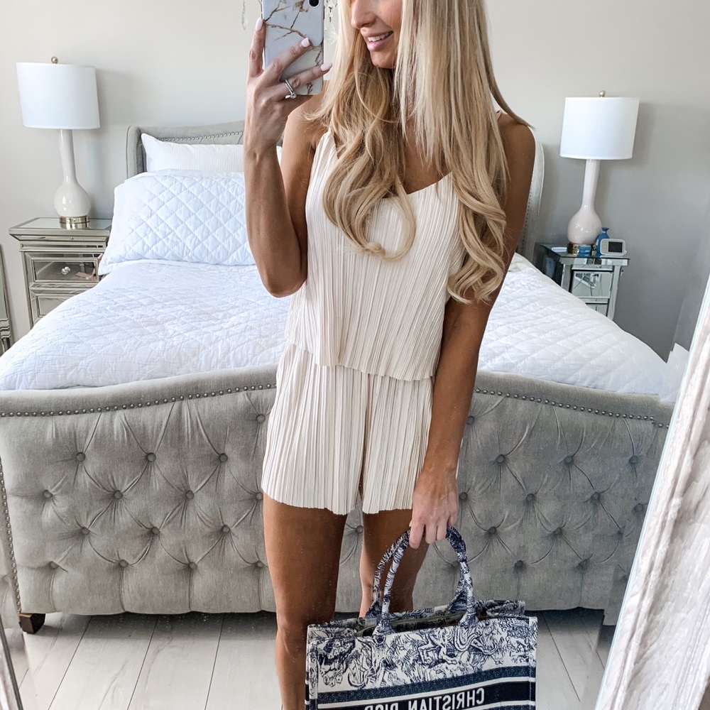 LAST ONE!! (Large) Champagne Pleated Satin Romper - Picture 2 of 14